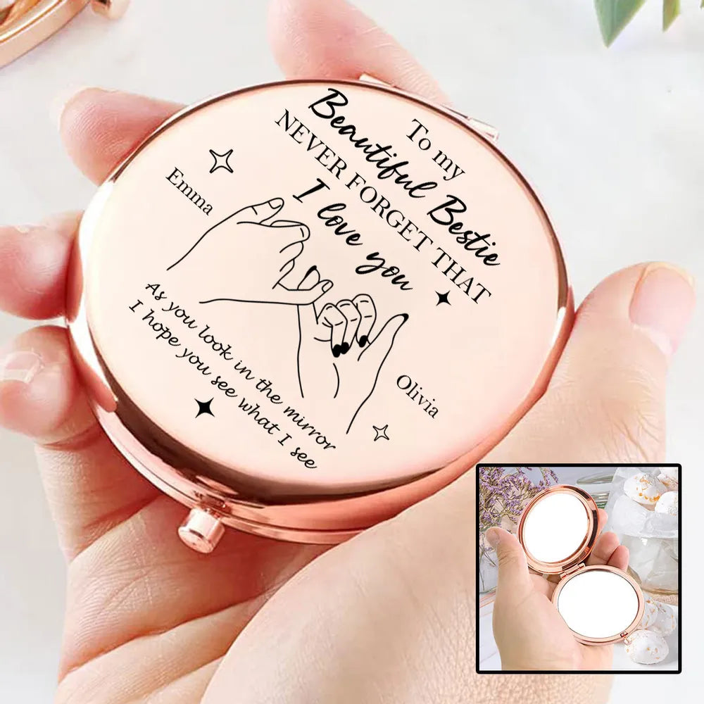 Metal Compact Mirror With Bestie Love Quote And Pinky Promise Drawing, Thoughtful Personalized Gift For Friends