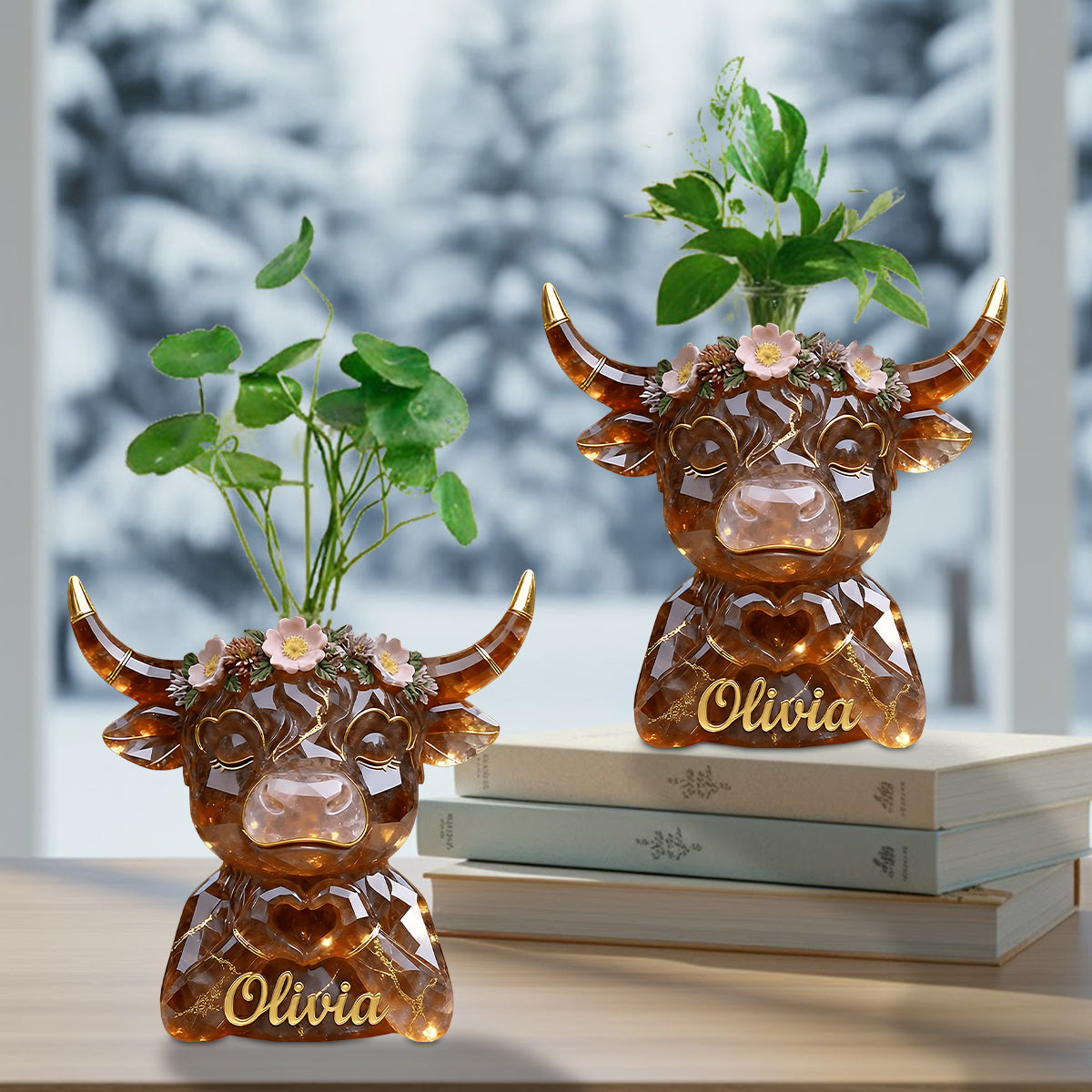 Heart Hands Highland Cow - Personalized Highland Cow Custom Shape Acrylic Flower Vase