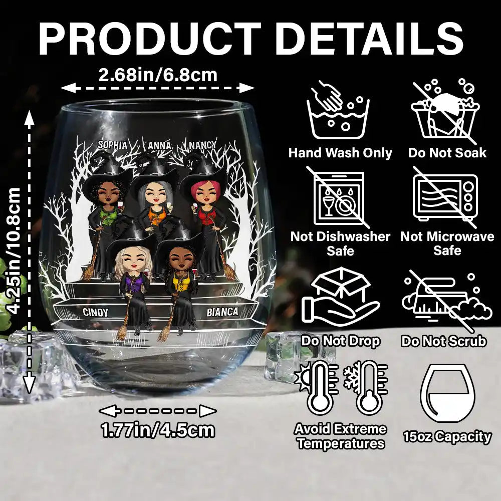 Drink Up Witches Halloween Wine Glass – Custom Witch Sisters Sitting on Bench – Spooky Gift for Best Friends or Sisters