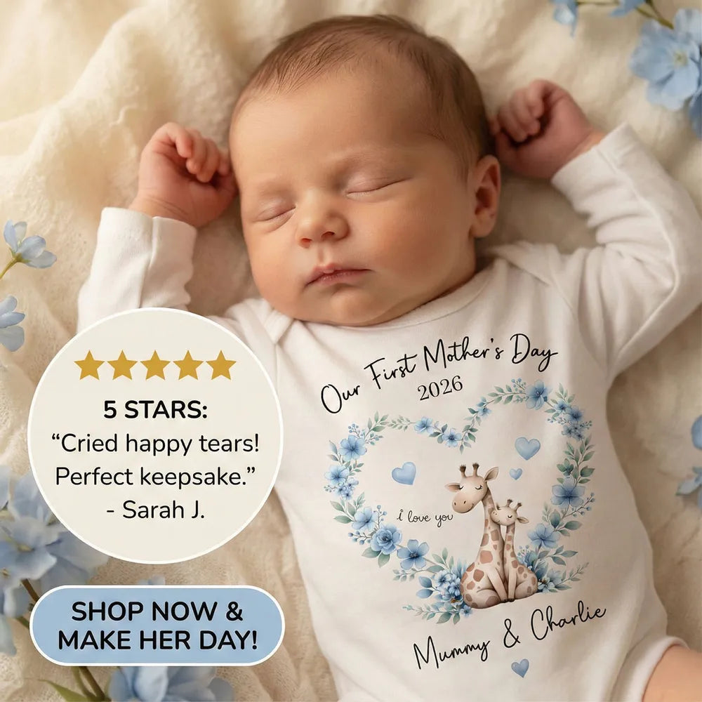 Short Sleeve Baby Onesie Personalized for First Mother's Day, Blue Floral Giraffe Mom and Baby, Sweet Photo-Ready Gift