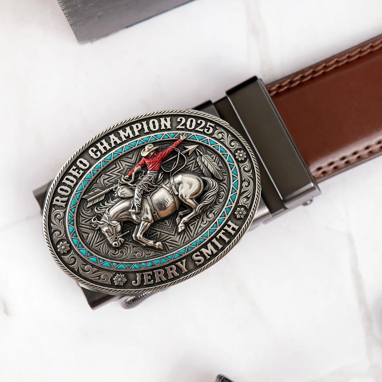 Custom From Any Photo, Rodeo Gift, Bull Riding - Personalized Western Outfit Leather Belt With Shaped Buckle