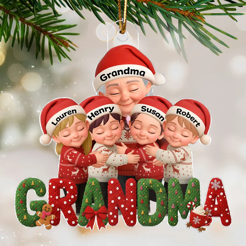 Personalized Acrylic Ornament for Grandma and Grandkids, Cozy Hugging Scene, Cute Christmas Tree Decor, Unique Holiday Gift