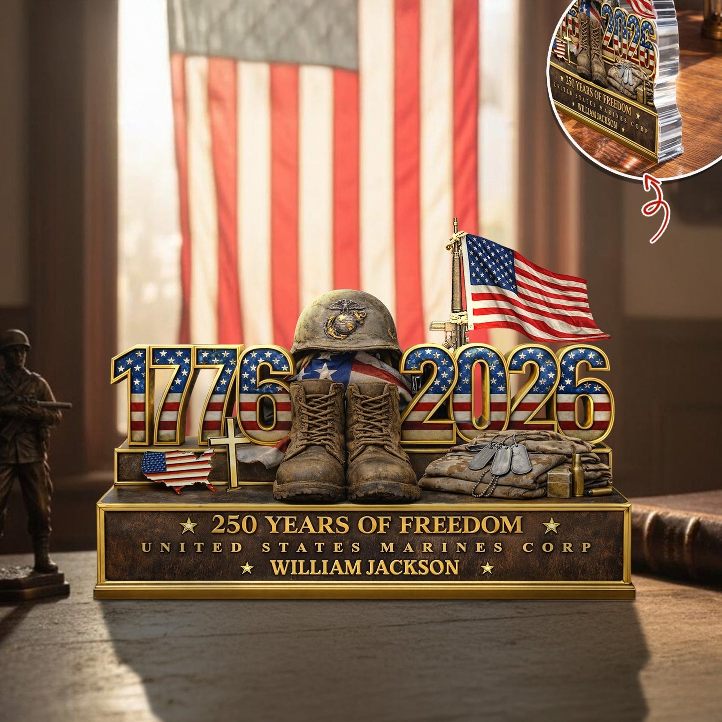 Personalized Shaped Acrylic Block Plaque with Patriotic US Army Boots & Flag Desk Decor, Unique Veteran Gift
