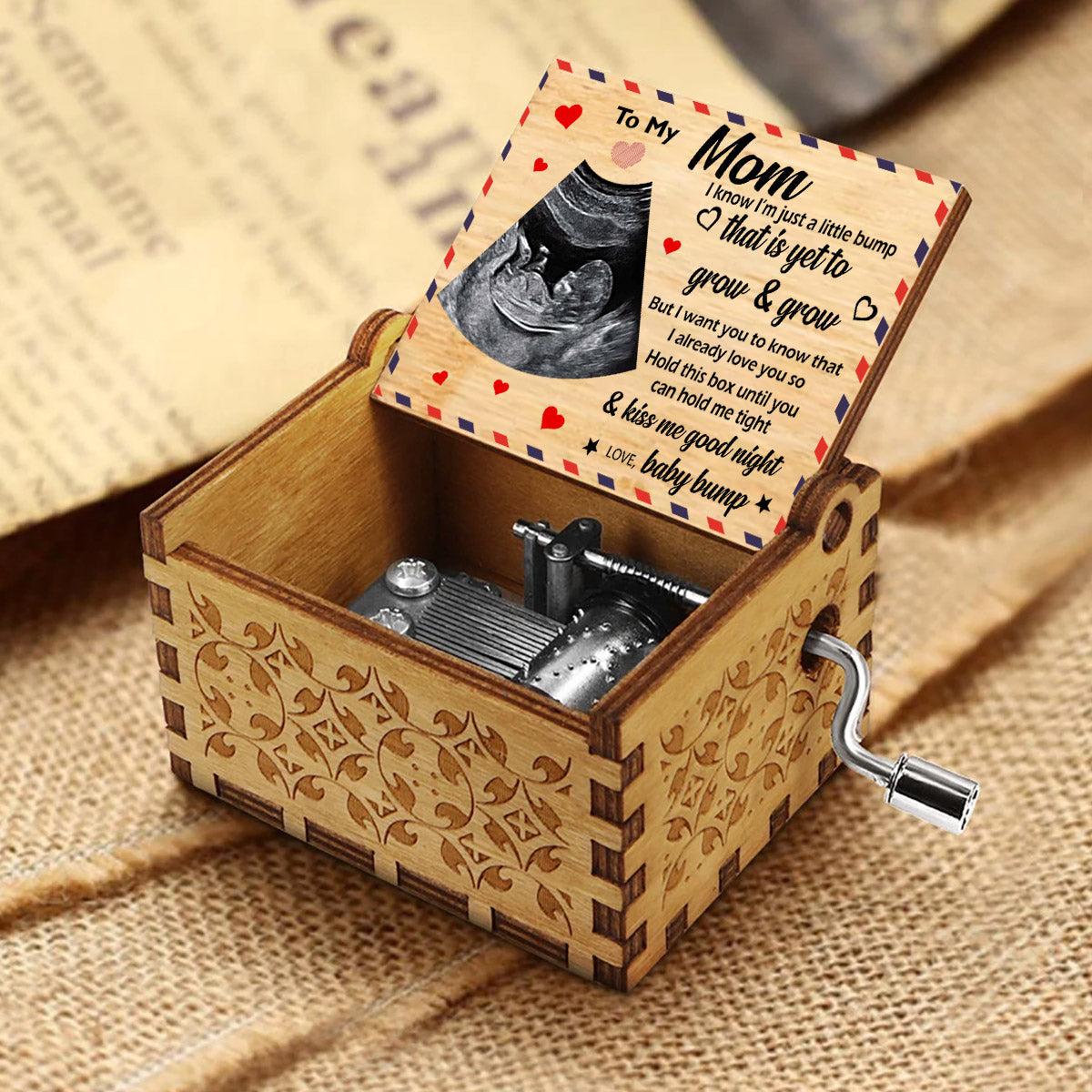 To My Mom / Dad / Grandma / Grandpa / Brother / Sister Baby Ultrasound Photo - Personalized Pregnancy Hand Crank Music Box