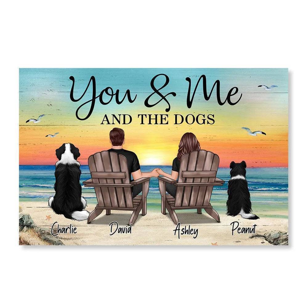 "You & Me – Custom Couple Poster with Pets, Personalized Beach Scene, Romantic Gift for Couples"