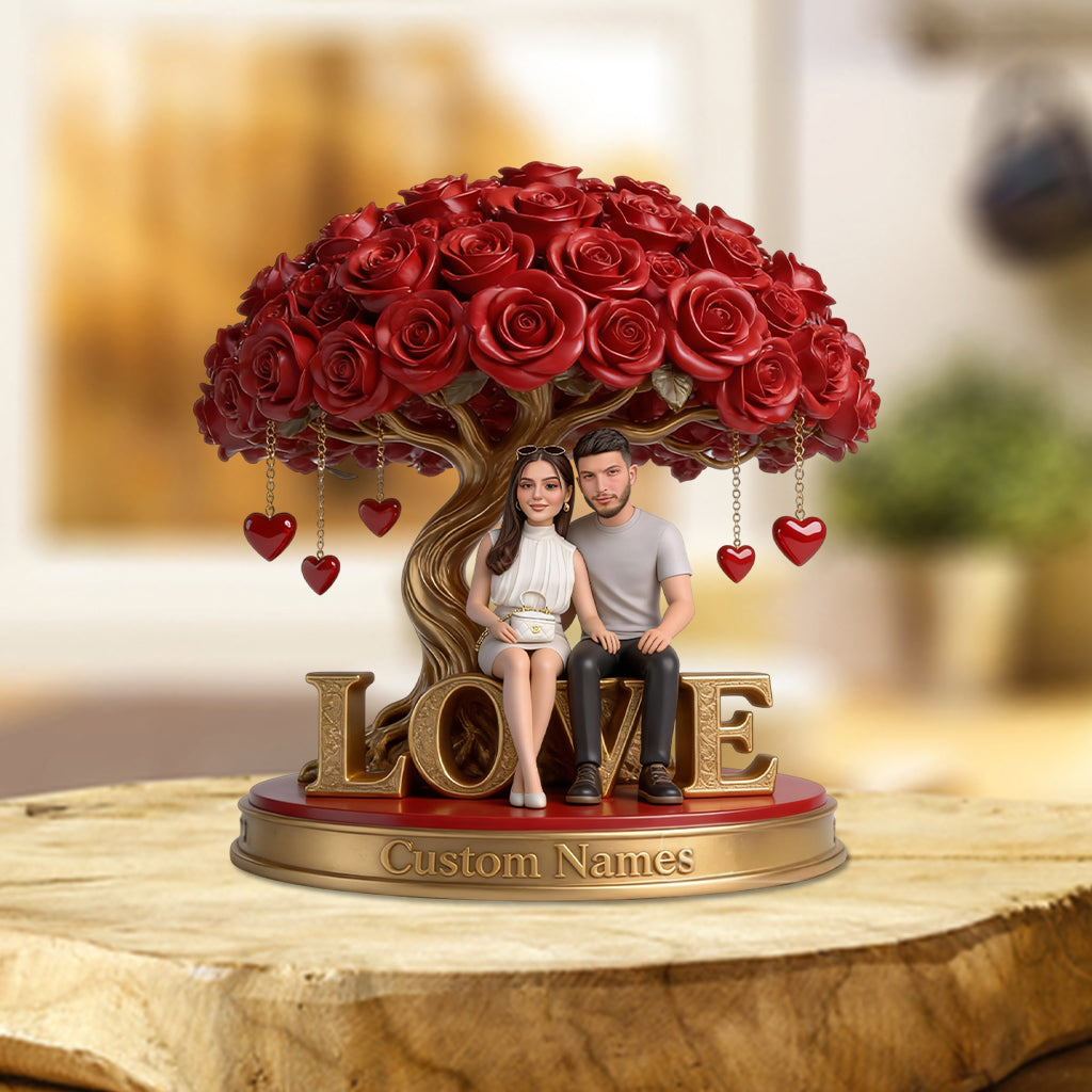 Custom Lesbian Couple Figurine Statue under Red Rose Tree, Engraved Name, Romantic Same Sex LGBT Anniversary Wedding Gift Home Decor