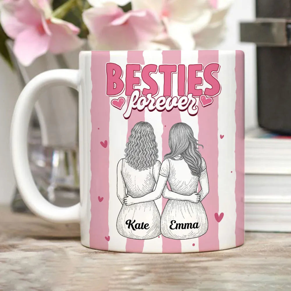 Besties Forever Ceramic Mug, Personalized Coffee Mug for Best Friend or Sister, Sweet Hug Illustration Unique Gift