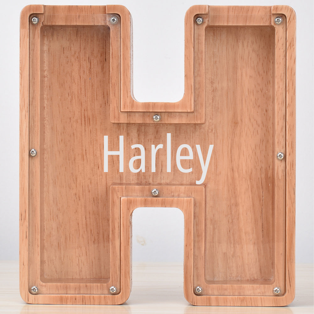 Custom Initial And Name - Personalized Letter And Name Oak Wooden Piggy Bank