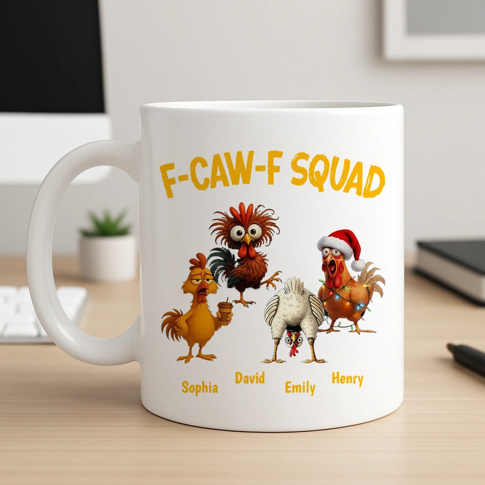 Personalized F-CAW-F Squad Full Color Mug Funny Chicken Cartoon Gift for Friends or Family Coffee Time Laughs