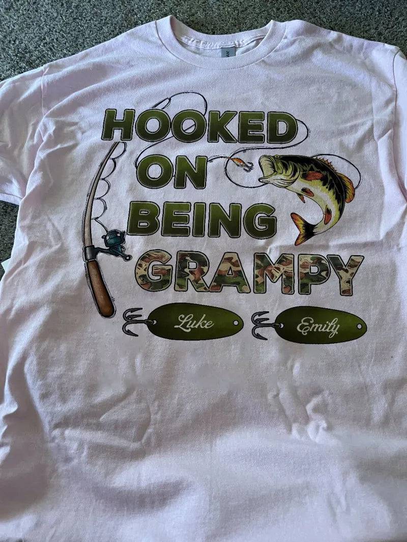 "Personalized Grandpa Fishing T-Shirt/Hoodie - Hooked on Being Grandpa - Ideal Father's Day or Birthday Gift"