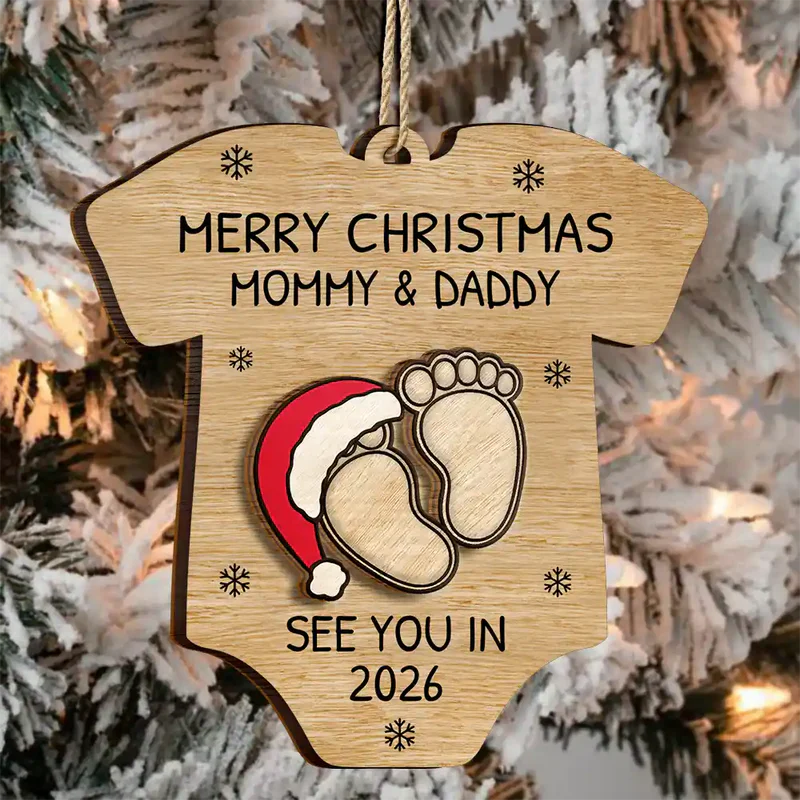 Custom Baby Announcement 2-Layer Wooden Ornament – Onesie Shape with Tiny Footprints – Adorable Nursery Decor and Creative Holiday Gift for Mommy and Daddy