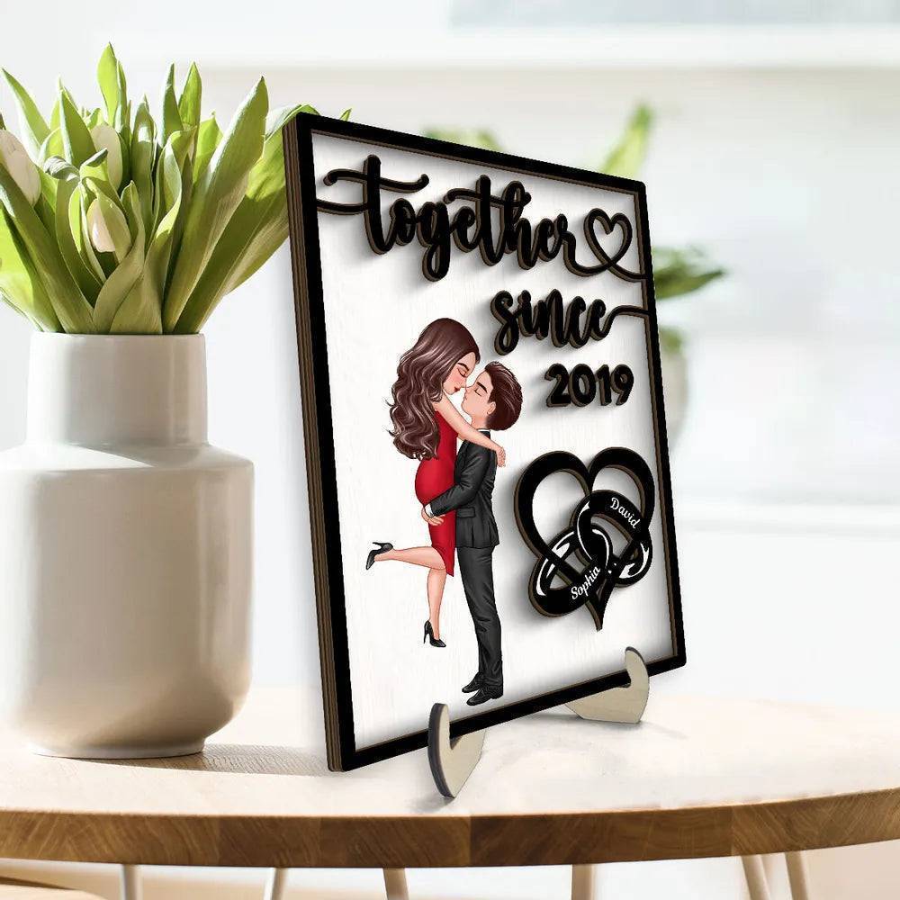 Love Timeline - ‘Together Since’ Couple Rings - Personalized 2-Layer Wooden Plaque for Valentine's & Anniversary
