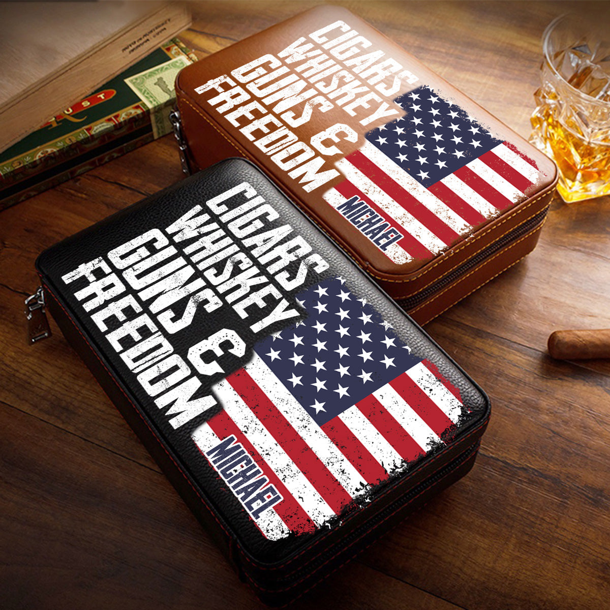 Cigars, Whiskey, G*ns & Freedom - Personalized Whisky Travel Cigar Humidor Case