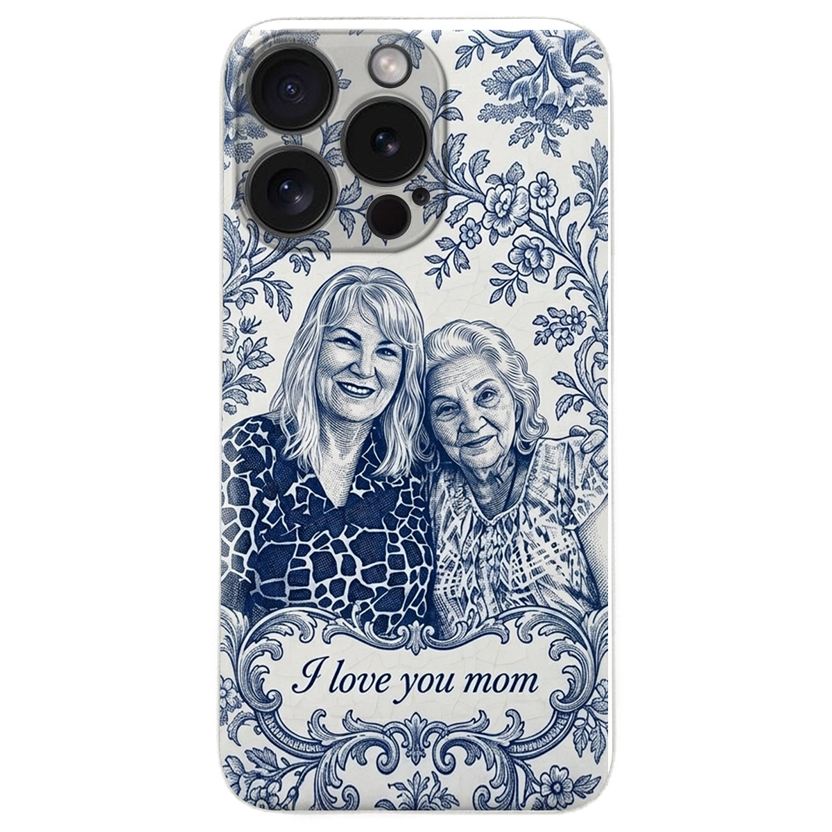 Mother Gift Idea, Blue Toile De Jouy Pattern - Personalized Mother 3D Embossed Leather Phone Case