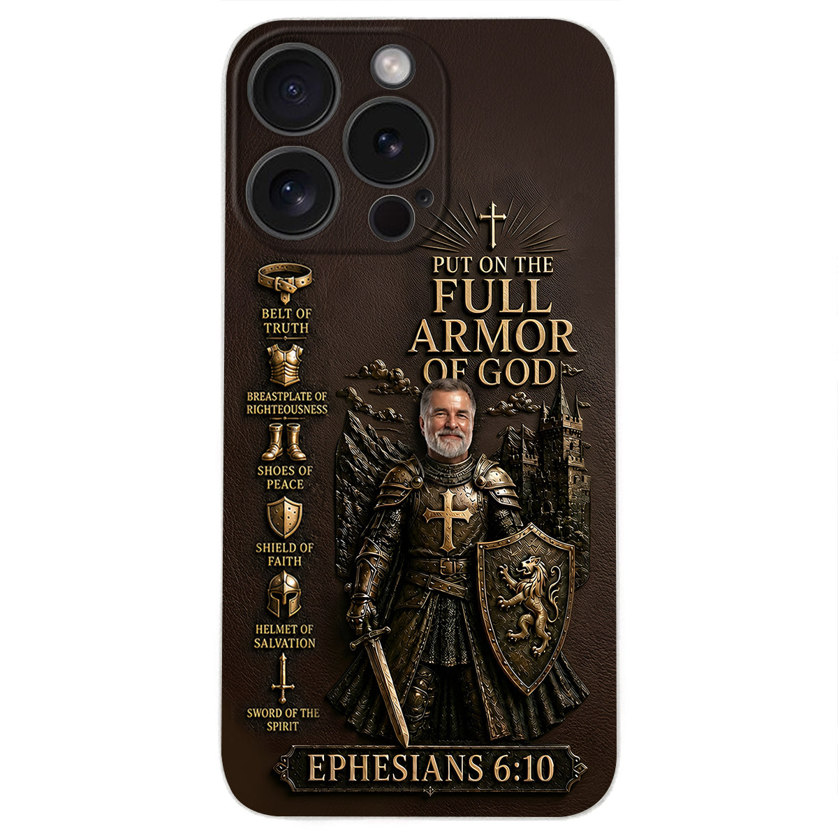 Put On The Full Amor Of God, Gift for Christians - Personalized Christian 3D Embossed Leather Phone Case