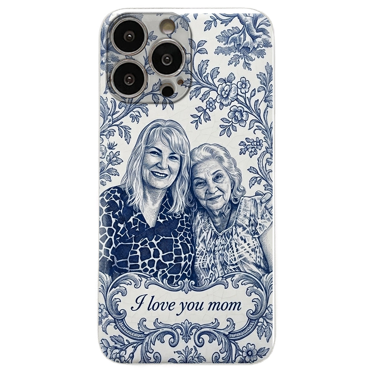 Mother Gift Idea, Blue Toile De Jouy Pattern - Personalized Mother 3D Embossed Leather Phone Case