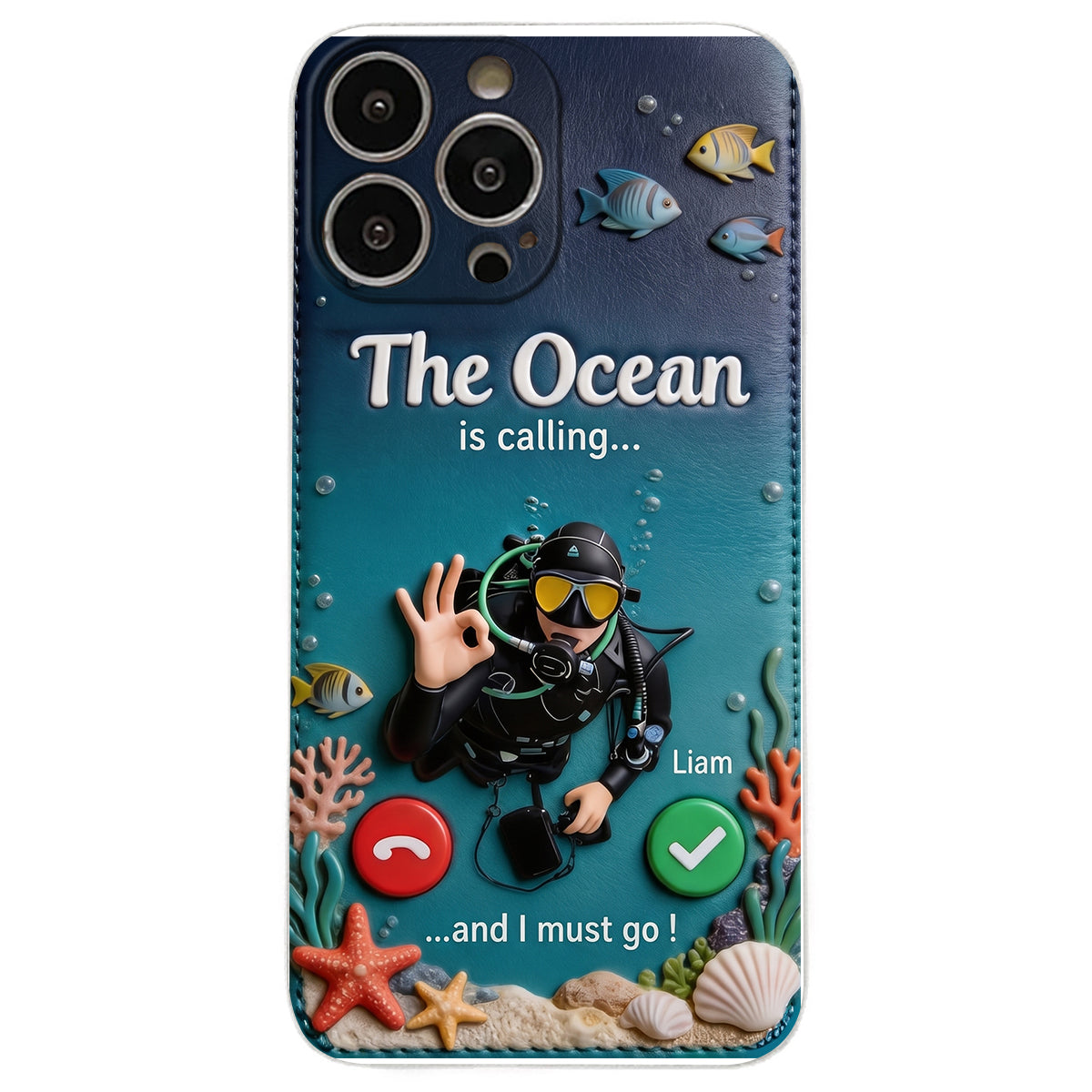 Tropical Sea Life - Personalized Scuba Diving 3D Embossed Leather Phone Case