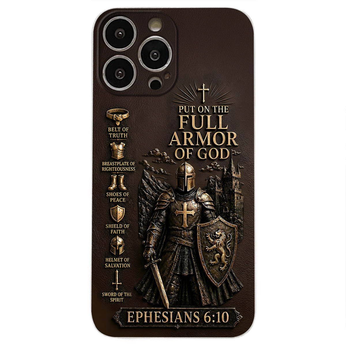 Put On The Full Amor Of God, Gift for Christians - Personalized Christian 3D Embossed Leather Phone Case