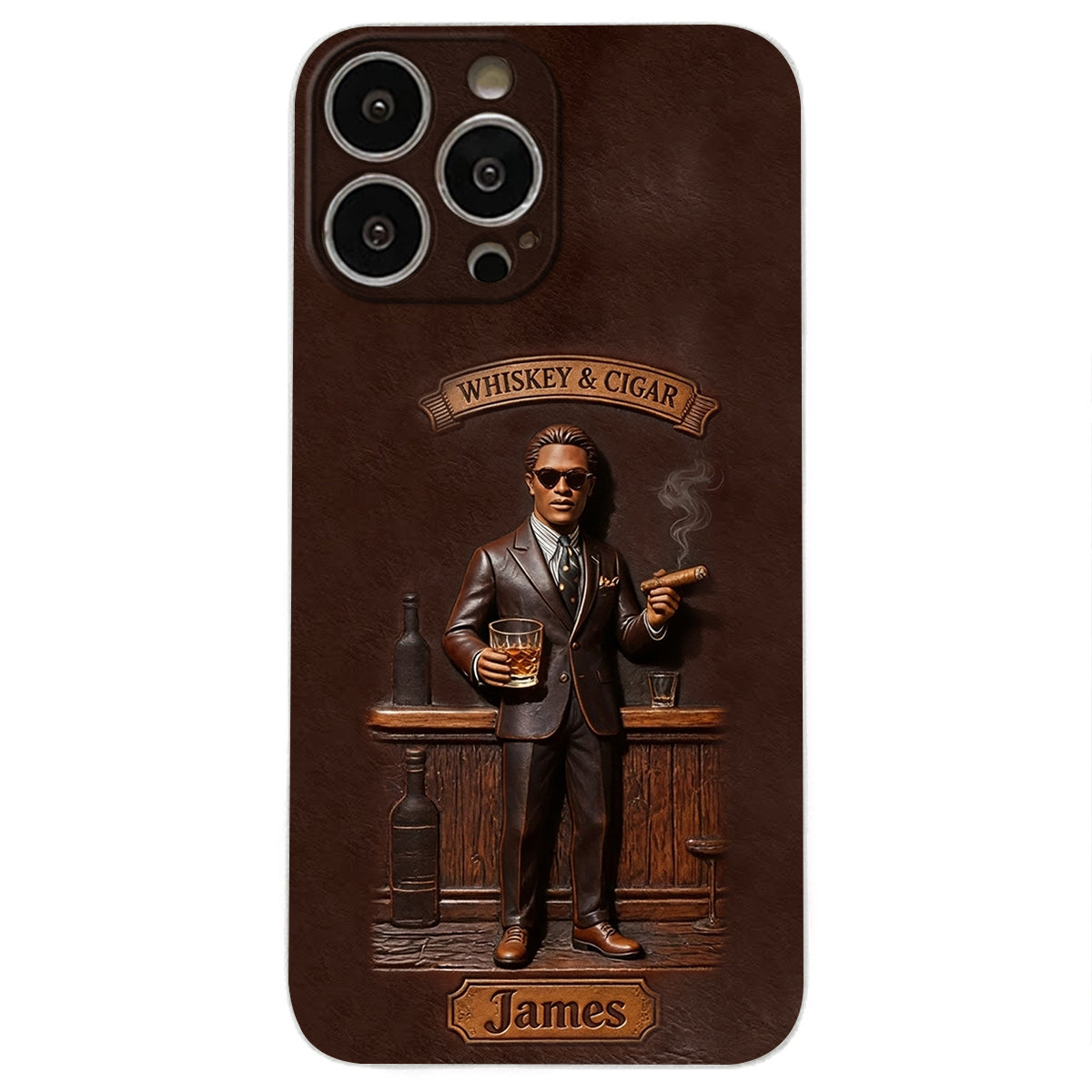 Whiskey And Cigar - Personalized Whisky 3D Embossed Leather Phone Case