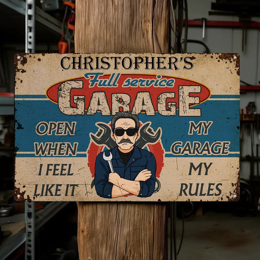 Personalized Rectangular Iron Sign, Retro Full Service Garage Cartoon Mechanic, My Garage My Rules, Unique Gift