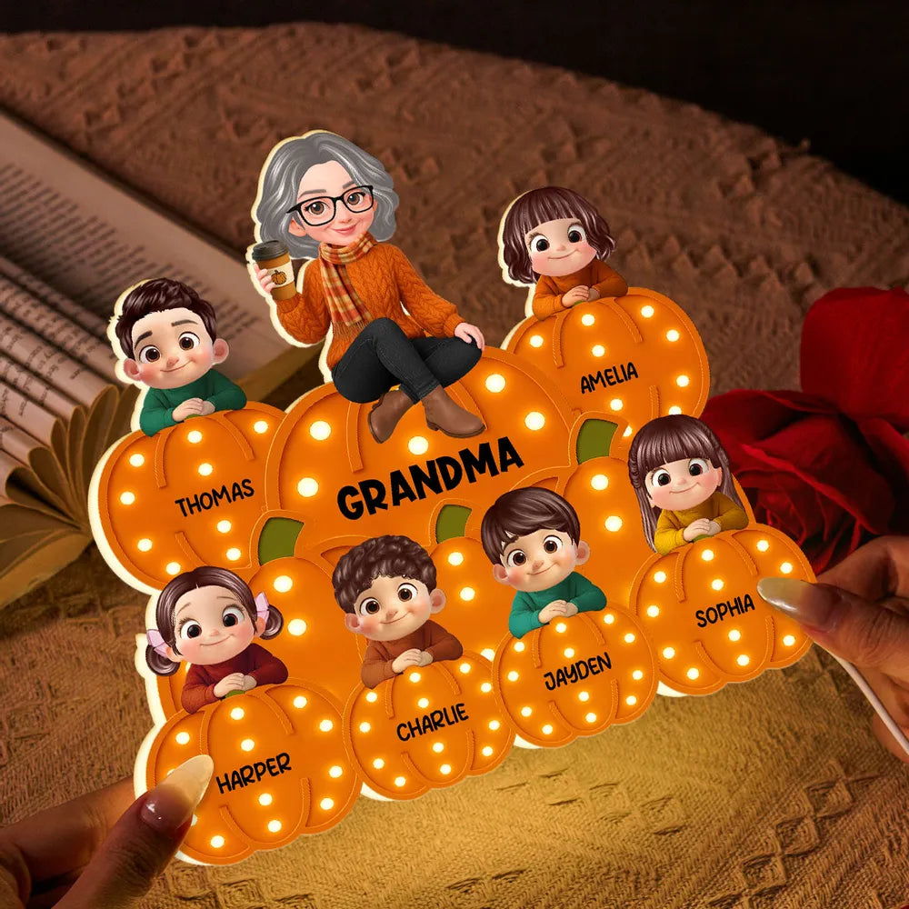 Personalized Acrylic Light Box for Grandma and Grandkids, pumpkin stack design, warm glow, fall décor keepsake, perfect gift for Halloween and Thanksgiving