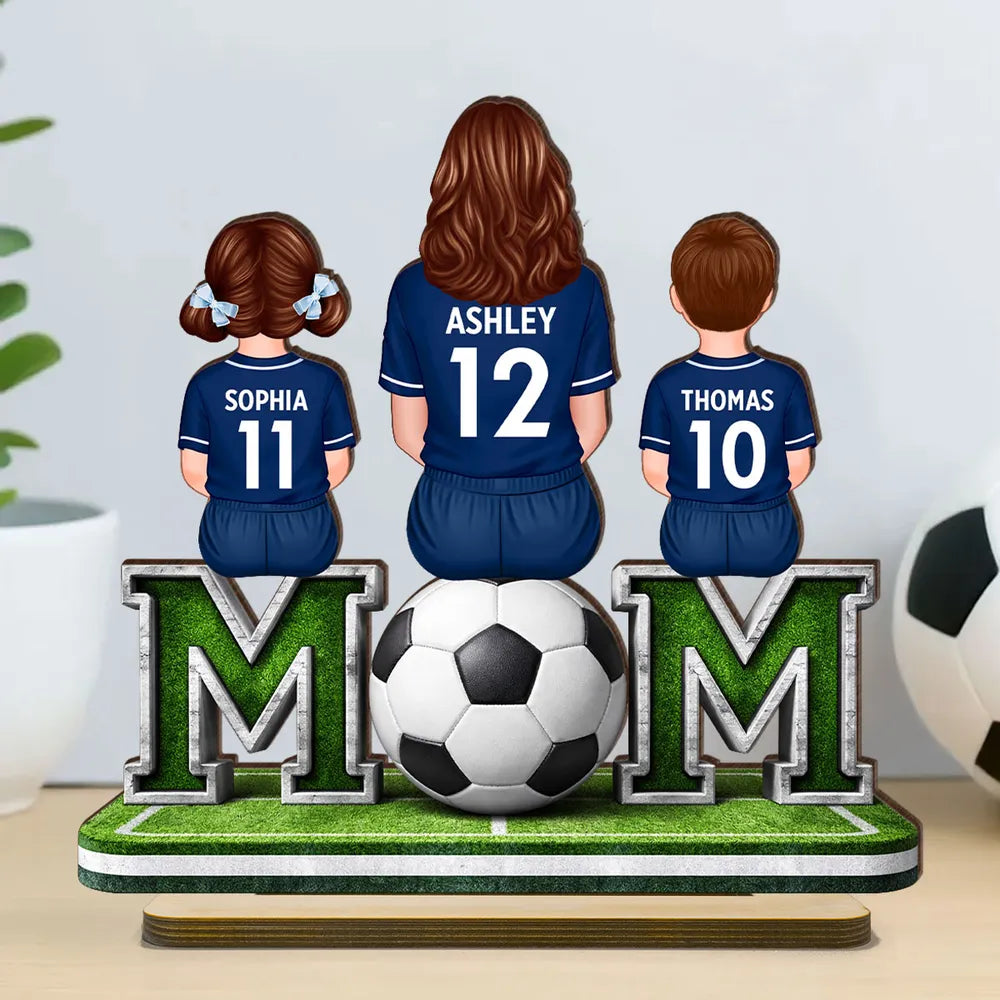 Personalized Soccer Mom and Kids 2-Layer Wooden Plaque, Sitting on Field with Ball, Unique Gift for Mom with Heartfelt Keepsake
