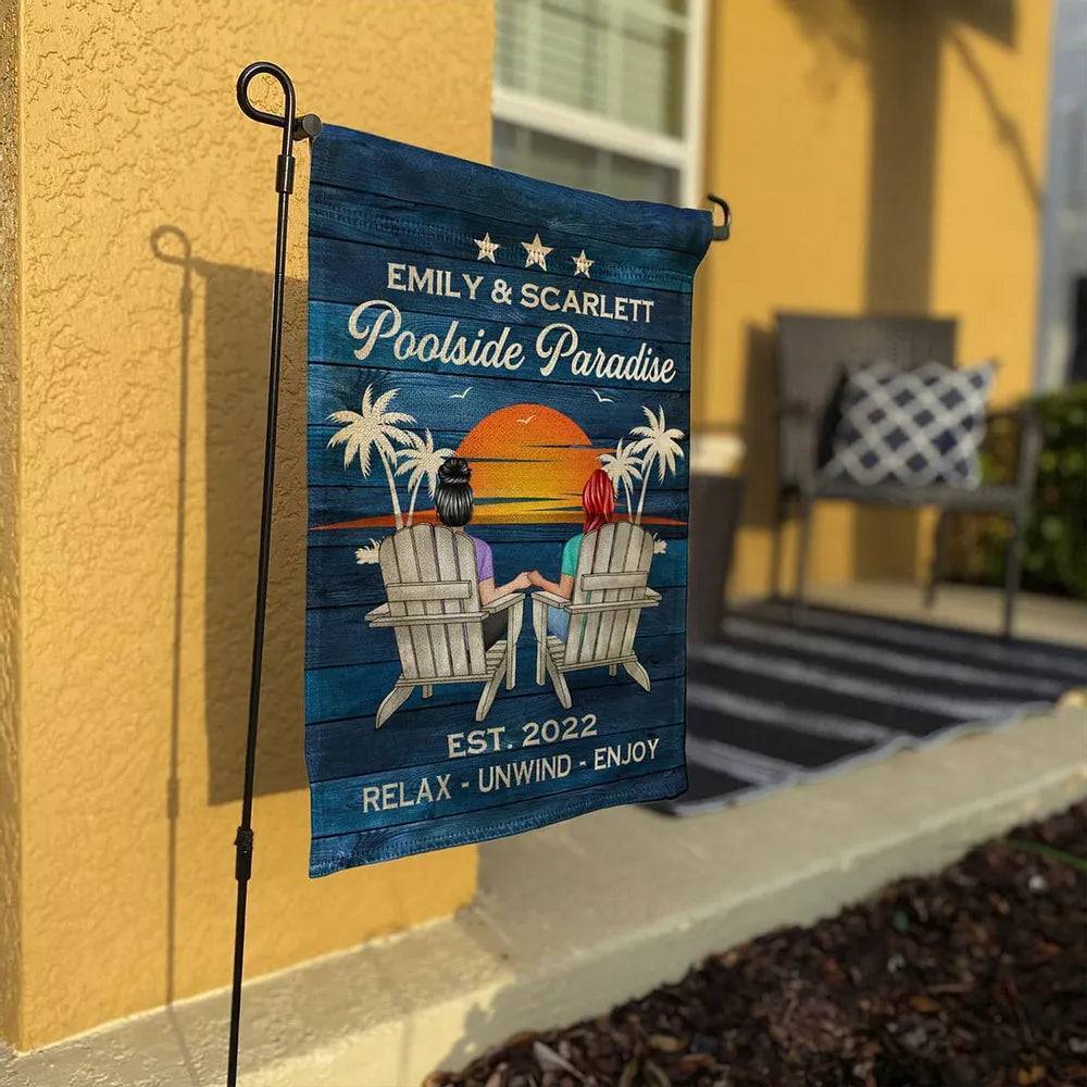 Relaxing Poolside Paradise Decor with Optional Flag Background Couple Sitting Personalized Flag, Sign, Vase - Perfect for Garden, Housewarming, Birthday, Anniversary Gift for Him, Her