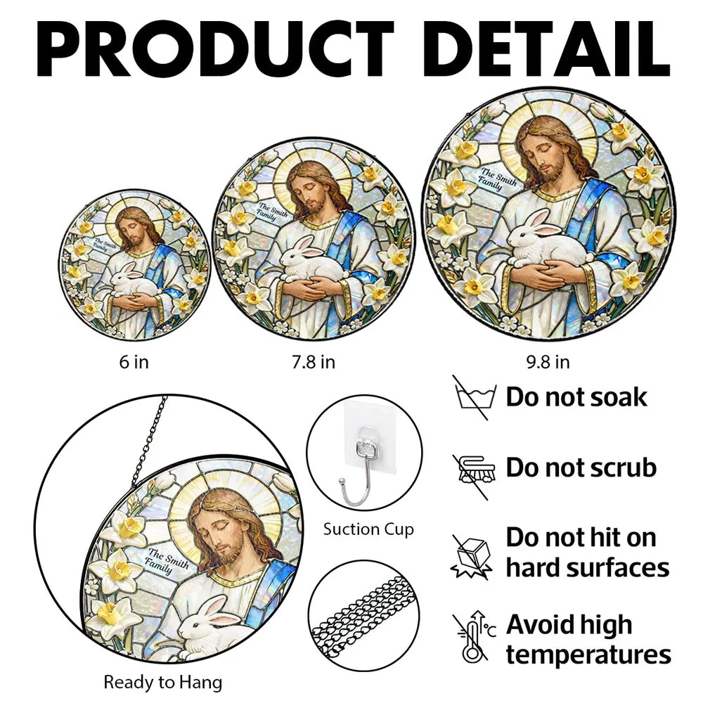 Personalized Jesus With Bunny Glass Suncatcher Ornament for Easter Window Display, Bright Colorful Light, Unique Religious Gift