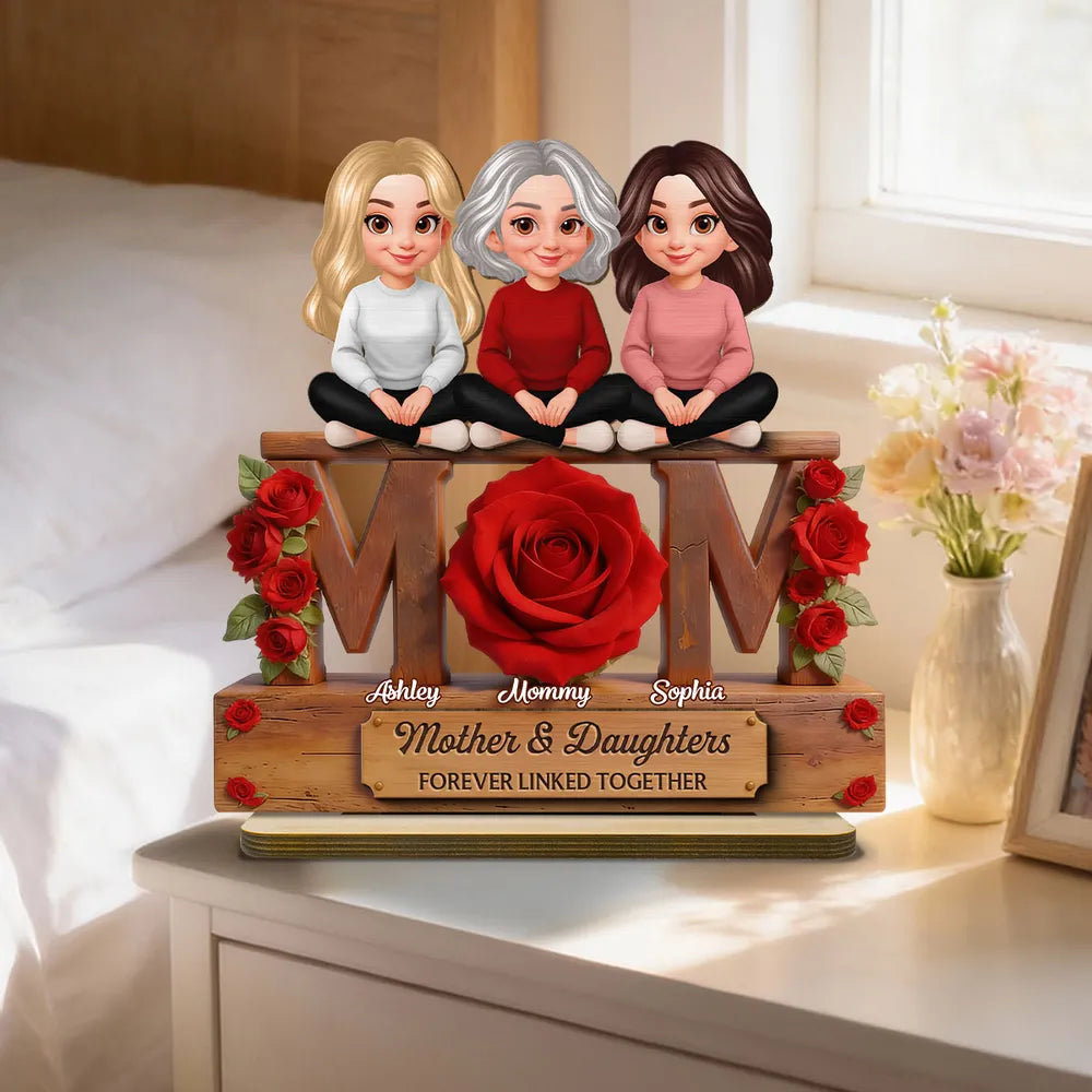 Personalized 2-Layer Wooden Plaque Mom & Daughters Roses Living Room Decor, Unique Gift for Mom
