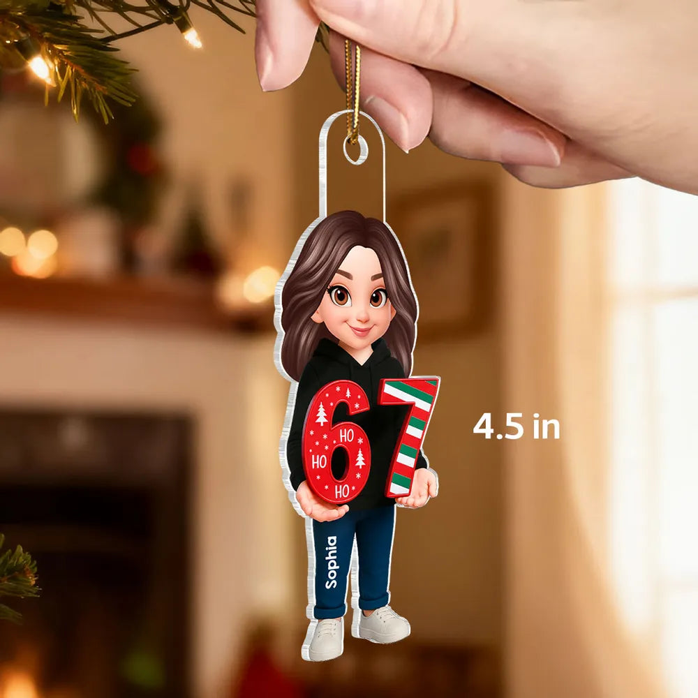 Personalized Acrylic Ornament with Cute Cartoon Teen Holding 67 Numbers – Trending Slang Christmas Ornament, Fun Gift for Kids and Grandkids