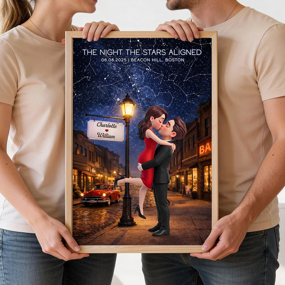 Personalized Star Map Couple Kissing Poster for Anniversary Decor, Night the Stars Aligned, Unique Gift for Couple