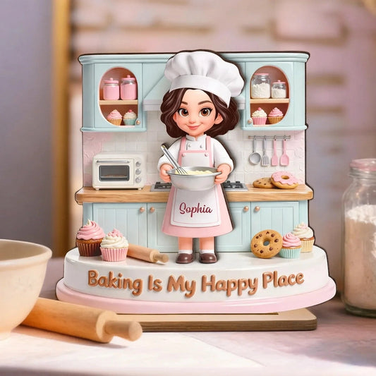 Personalized 2-Layer Wooden Plaque, Baking Is My Happy Place Cute Chef in Pastel Kitchen, Unique Gift for Mom or Grandma
