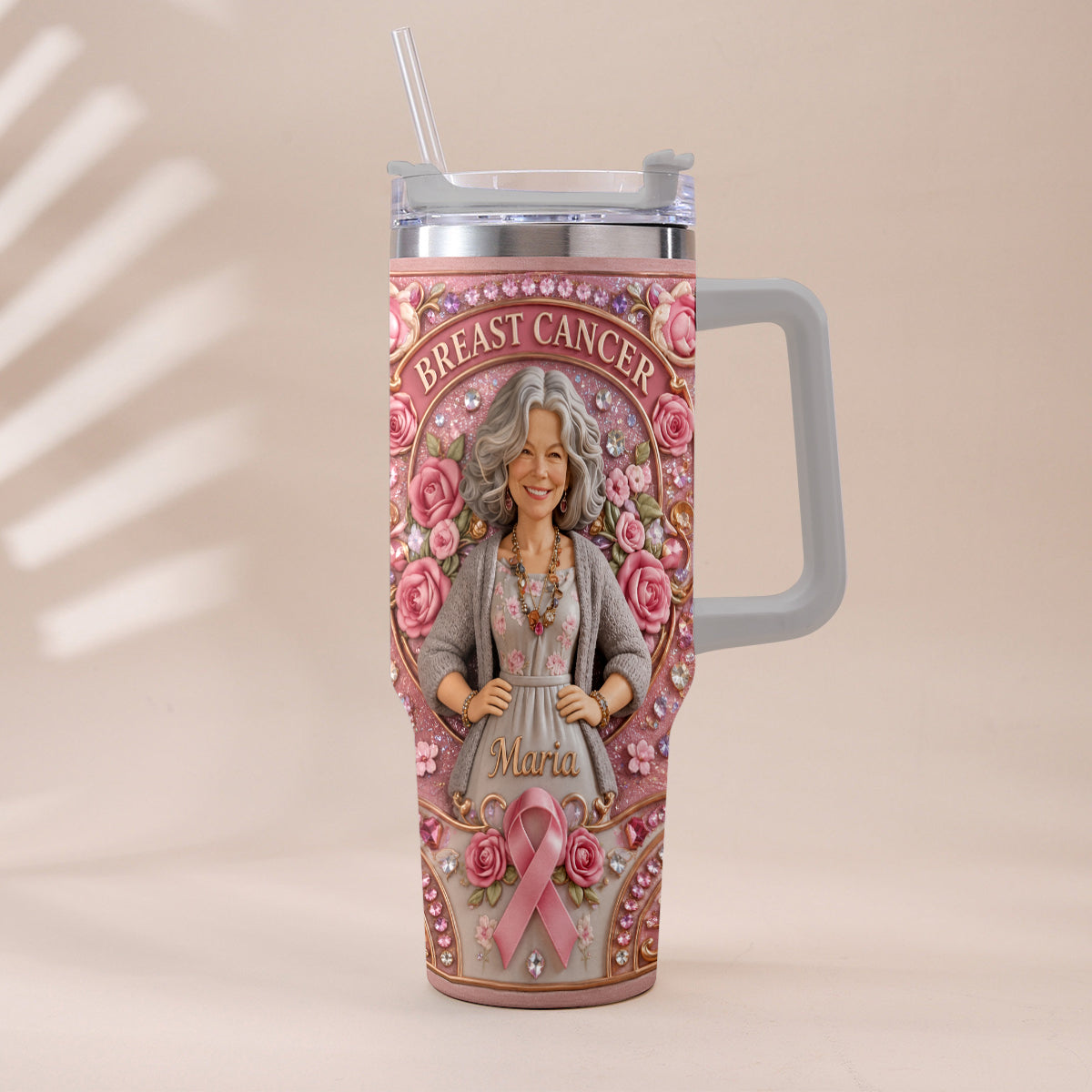 Hope Strength Love - Personalized Breast Cancer Awareness Tumbler With Plush Charm