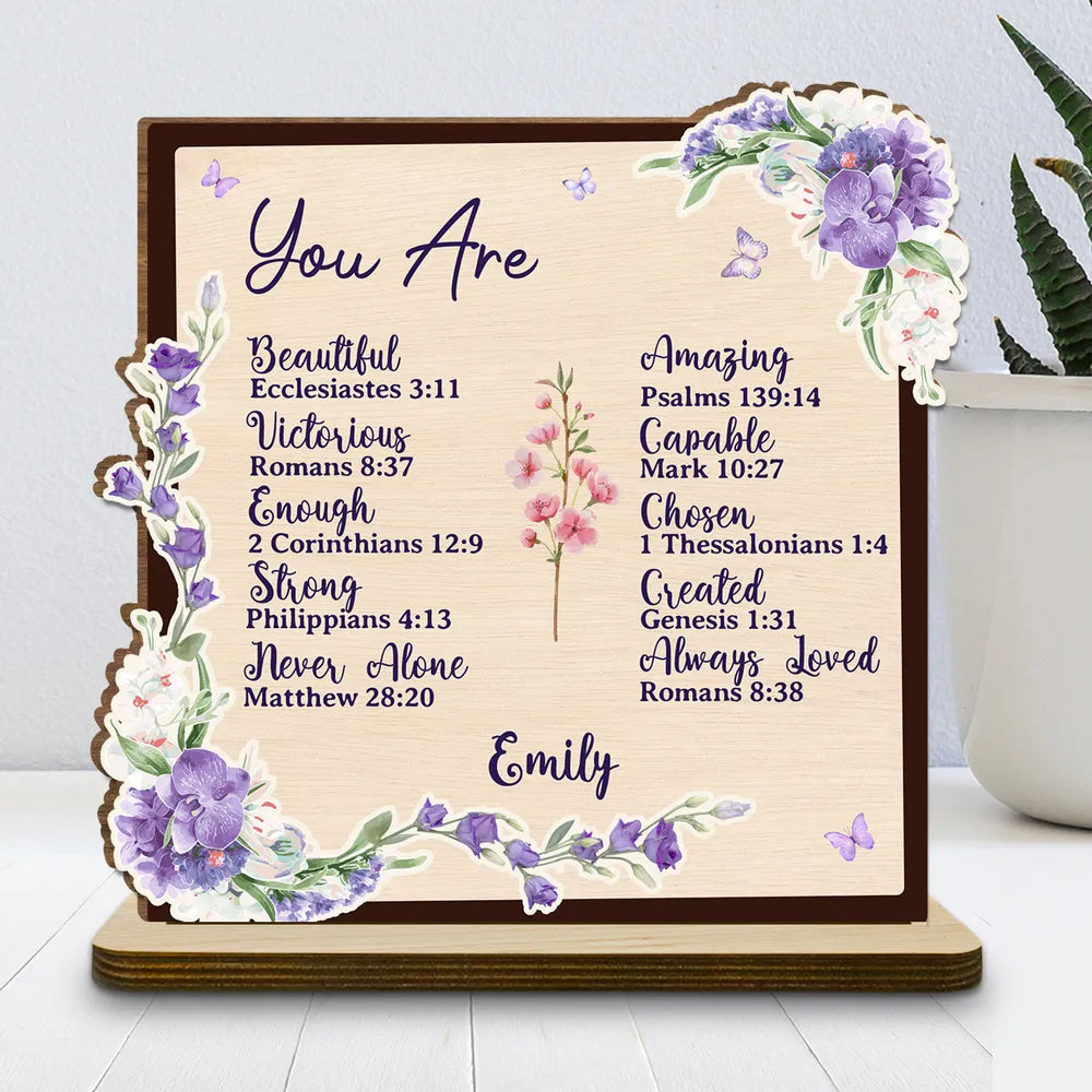 2-Layer Wooden Plaque Personalized with Encouraging Bible Verses and Purple Florals, Heartfelt Gift for Daughter or Friend
