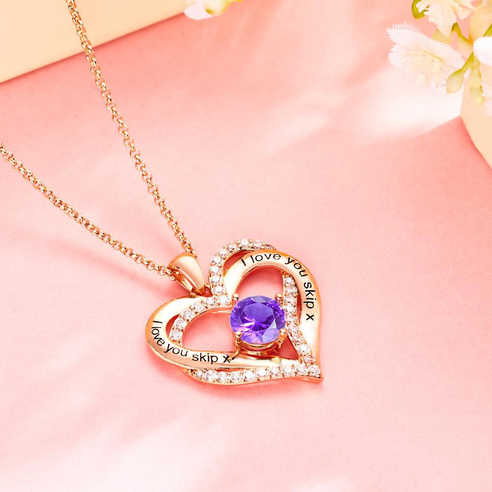 Double Heart - Personalized Couple Diamond Heart Pendant Necklace With Birthstone
