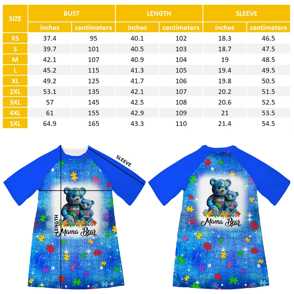 Mama Bear - Personalized Autism Awareness Sleep T-shirt Dress