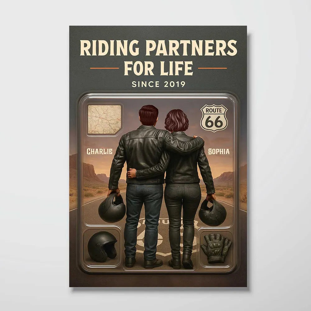 Personalized Biker Couple Poster Riding Partners For Life Route 66 Sunset Wall Art - Unique Gift For Couples