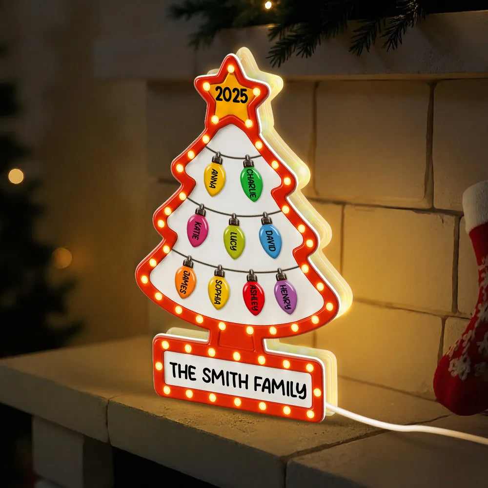 Family Christmas Tree Acrylic Light Box – Personalized Holiday Gift, Festive Home Decoration