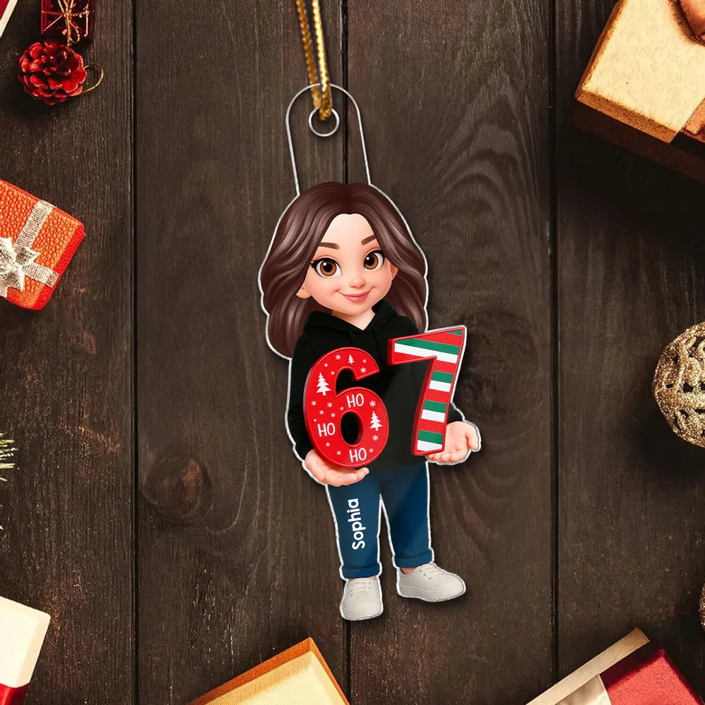 Personalized Acrylic Ornament with Cute Cartoon Teen Holding 67 Numbers – Trending Slang Christmas Ornament, Fun Gift for Kids and Grandkids