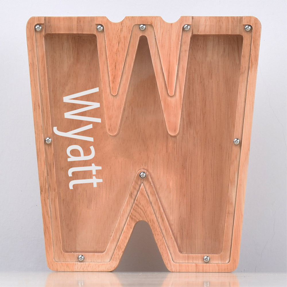 Custom Initial And Name - Personalized Letter And Name Oak Wooden Piggy Bank