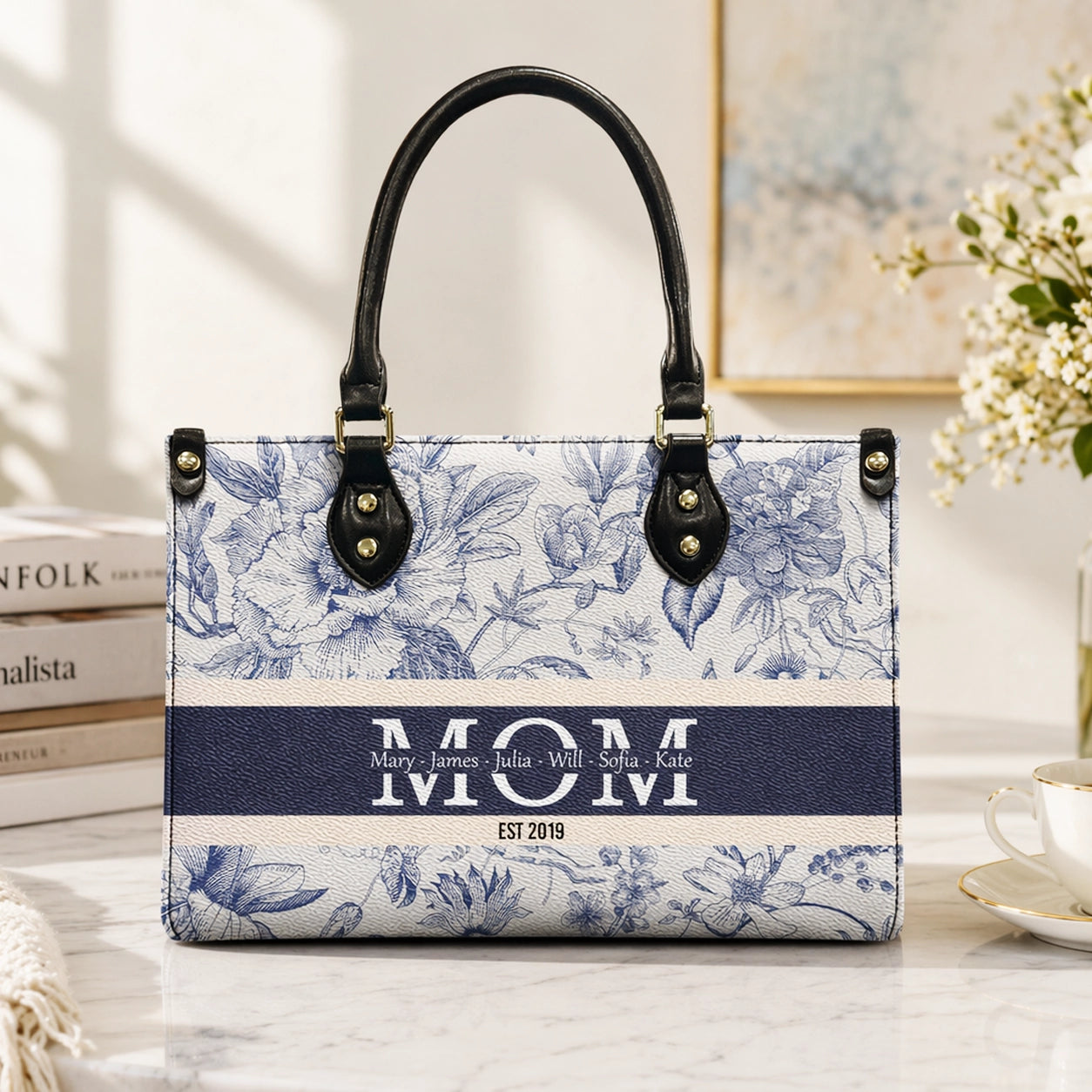 Personalized Tote Bag with Floral Blue Toile Monogram Style for Mom or Grandma - Unique Custom Gift