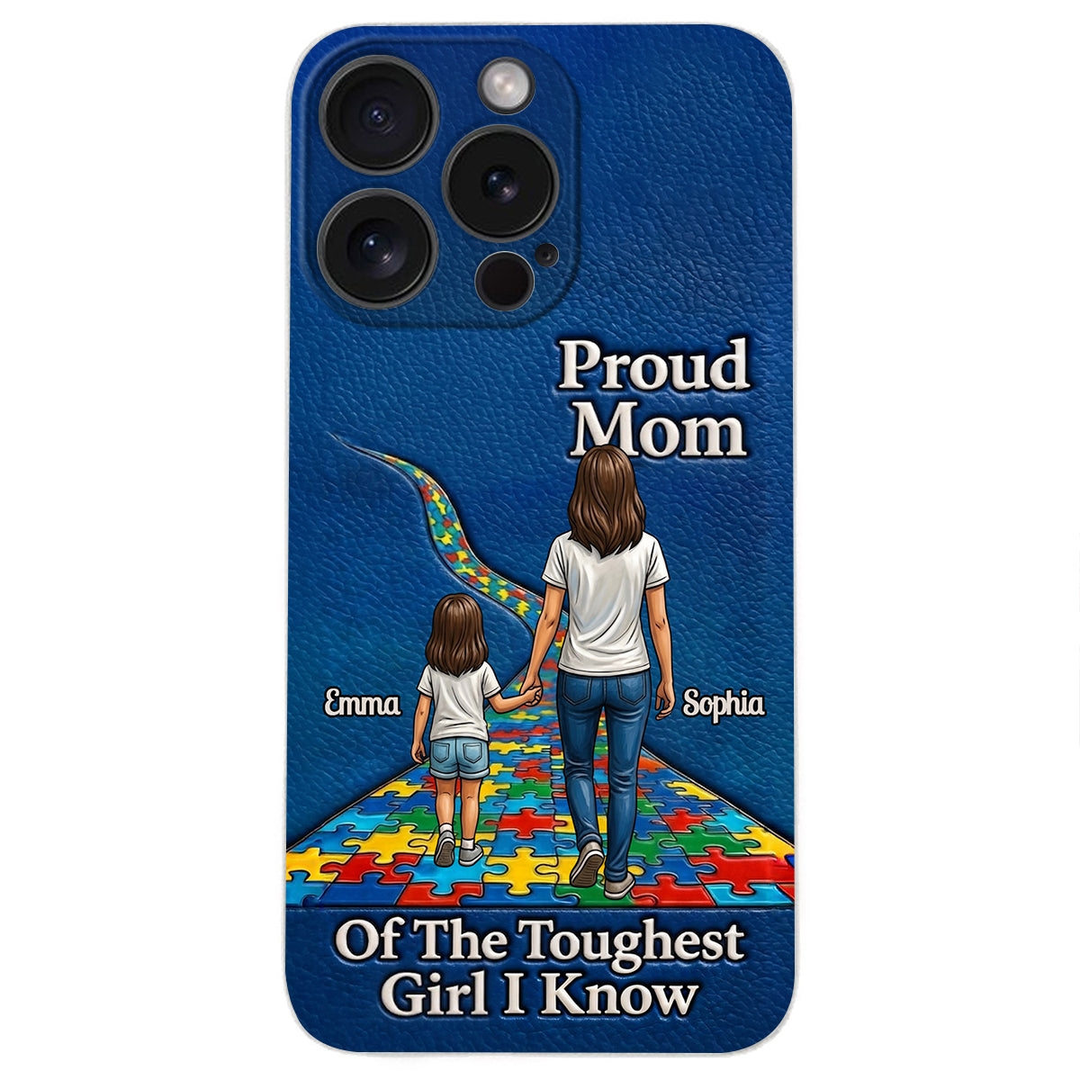Proud Dad Of The Toughest Boy I Know - Personalized Autism Awareness 3D Embossed Leather Phone Case