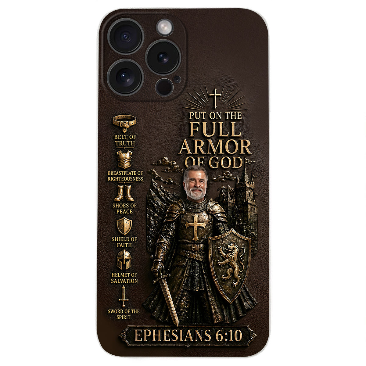 Put On The Full Amor Of God, Gift for Christians - Personalized Christian 3D Embossed Leather Phone Case
