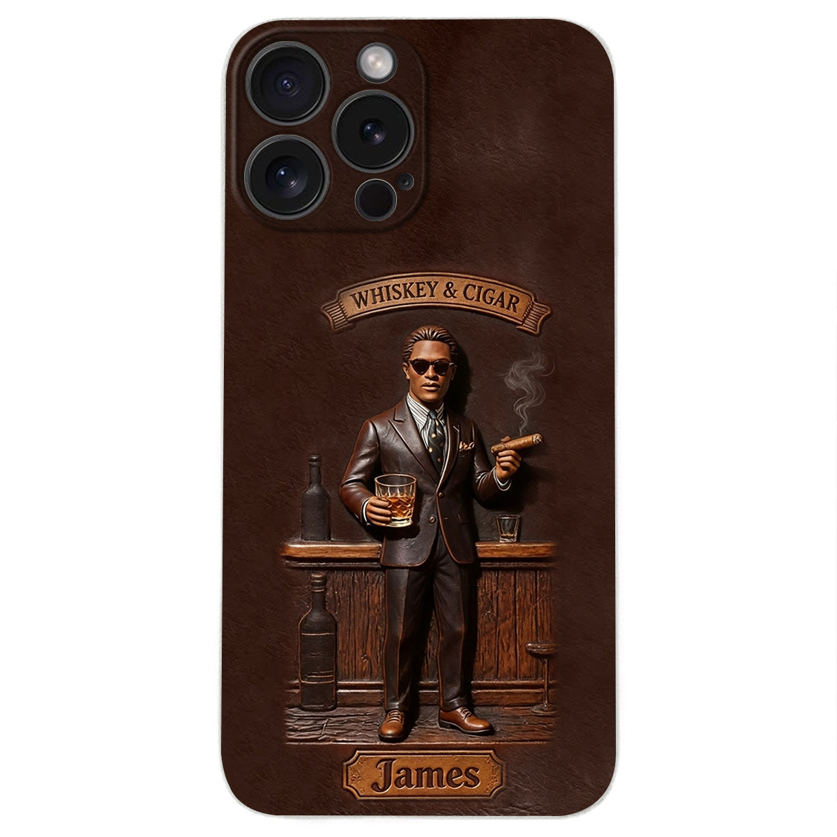 Whiskey And Cigar - Personalized Whisky 3D Embossed Leather Phone Case