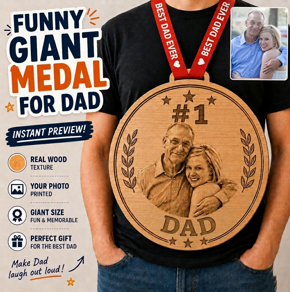 Giant Medal Funny World's Best Dad Custom Photo - Personalized Father Shaped Wood Sign With Sash