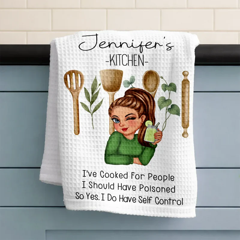 Personalized Kitchen Towel with Funny Cooking Quote and Wine Girl Illustration, Unique Gift for Home Cooks