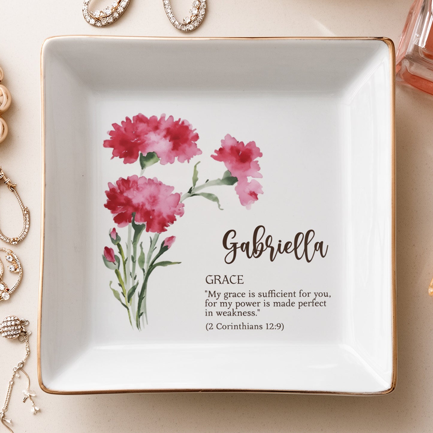Personalized Birth Flower Jewelry Dish with Bible Verse, Watercolor Floral Keepsake, Unique Christian Gift for Her