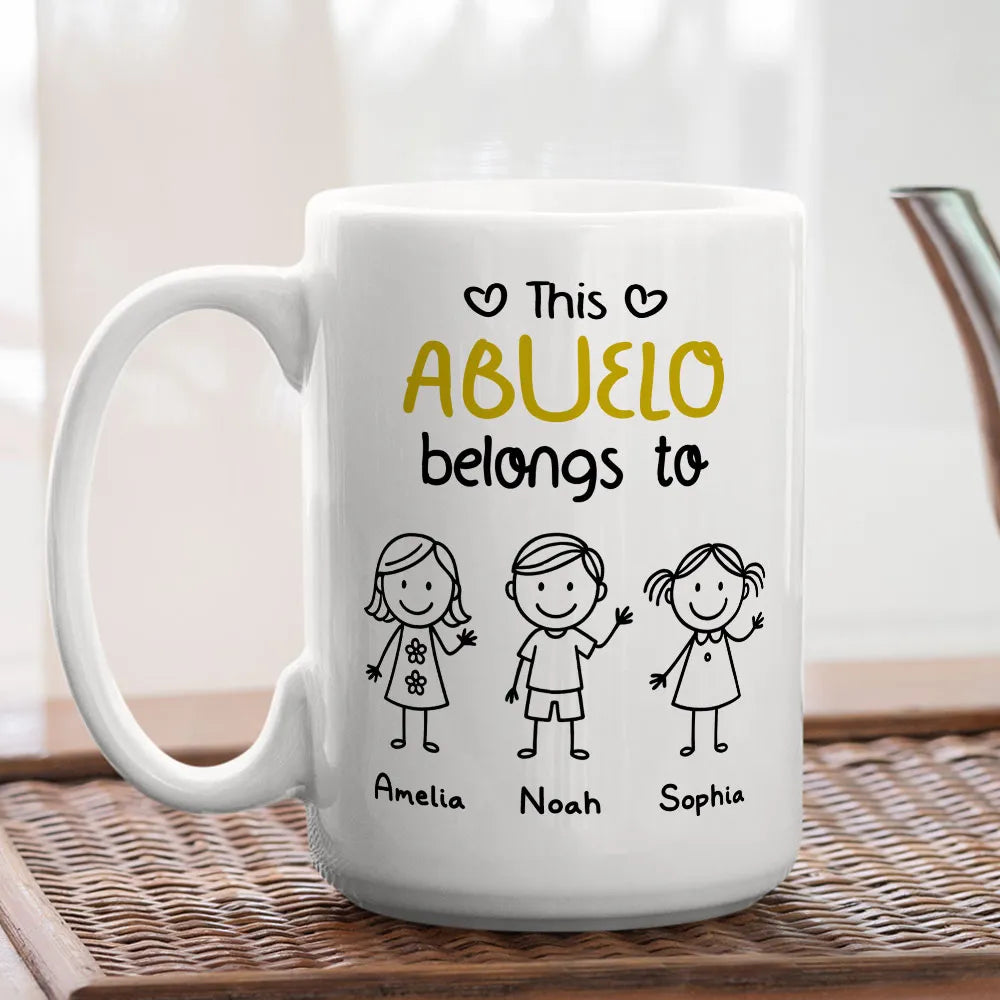 This Grandpa Belongs To – Personalized White Ceramic Mug with Grandkids' Names, Cute Gift for Grandfather