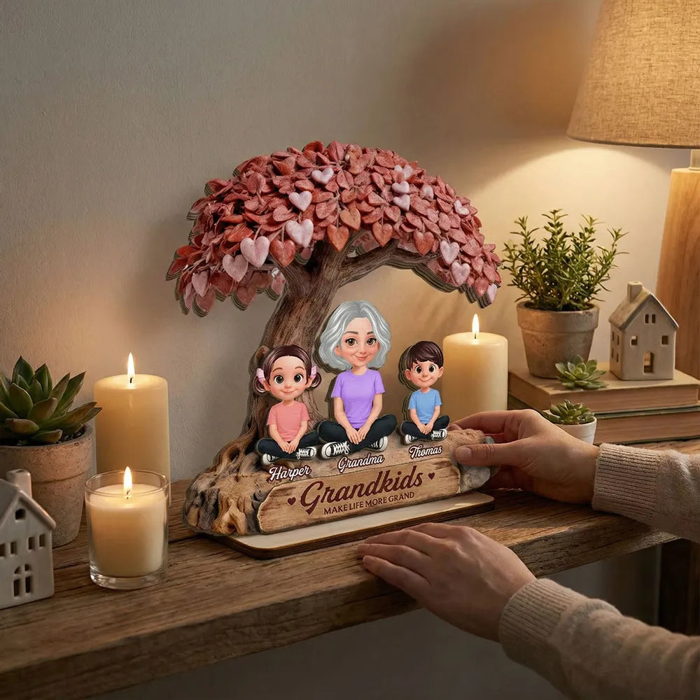 Personalized 2-Layer Wooden Plaque Grandma With Grandkids Under Heart Tree - Unique Family Keepsake Gift