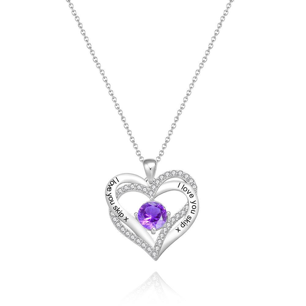 Double Heart - Personalized Couple Diamond Heart Pendant Necklace With Birthstone